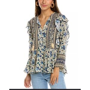 SEA NEW YORK Floral Print Silk Ruffle Tassel Blouse Top Cream Blue Size 4